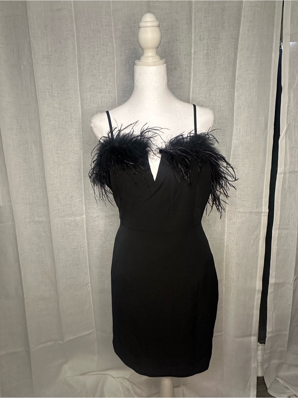 Black Feather-Trim Spaghetti Strap Dress